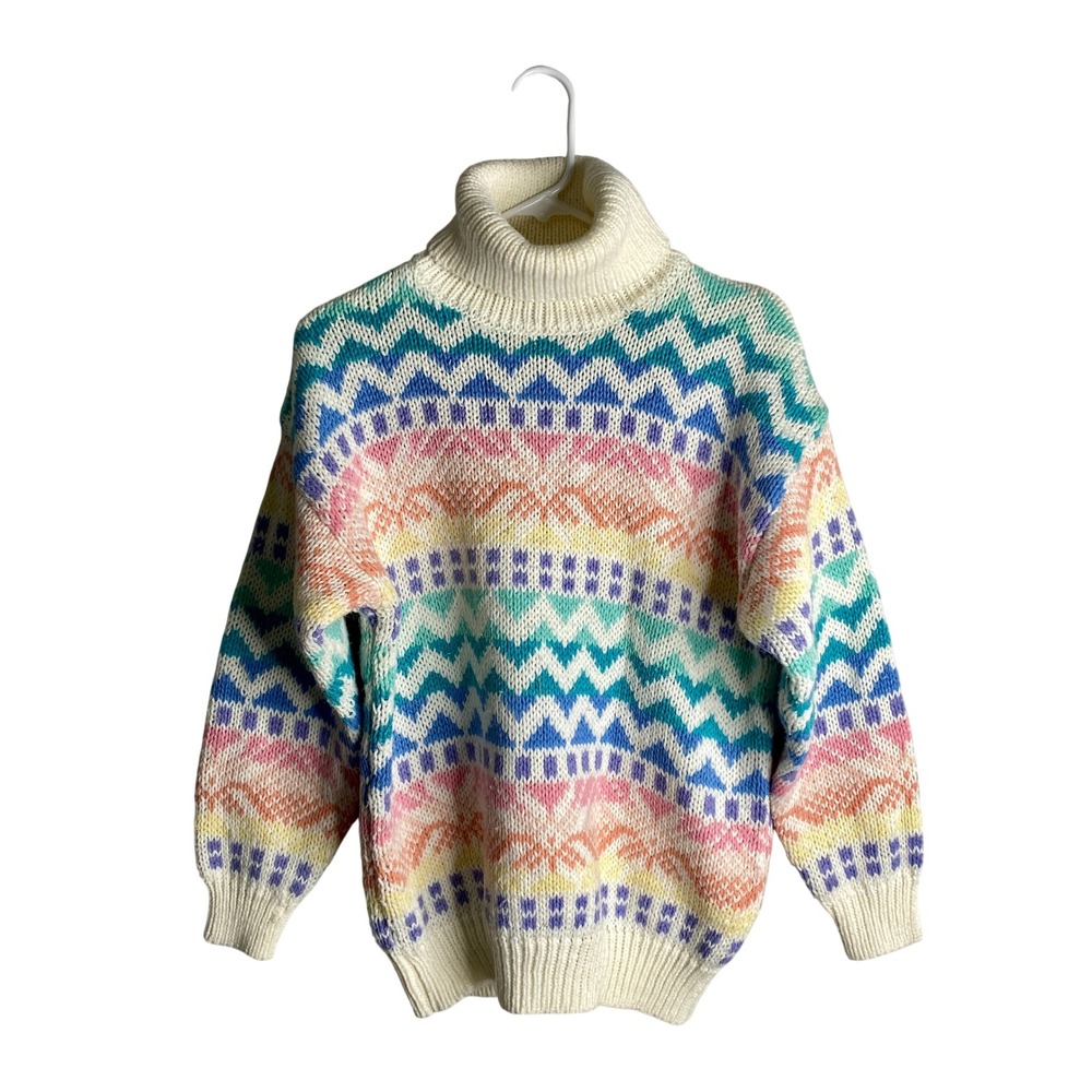 Vintage 80s Pastel Fair Isle Turtleneck Sweater  M Chunky Knit Ski Coquette